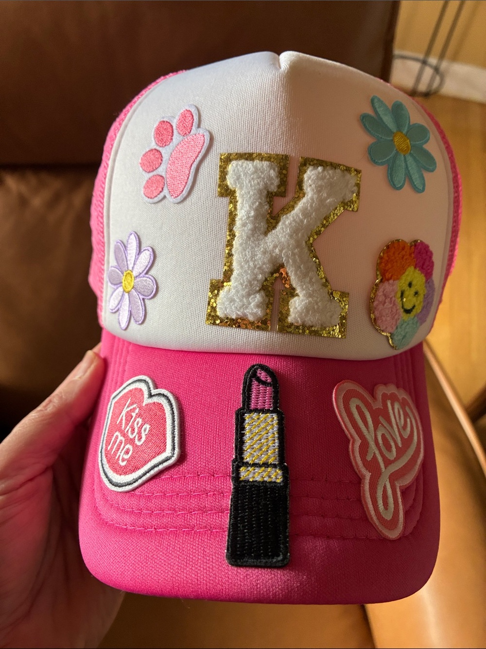 Pink Trucker Hat with Embroidered K Patch & Cute Patches - Picture 5 of 6